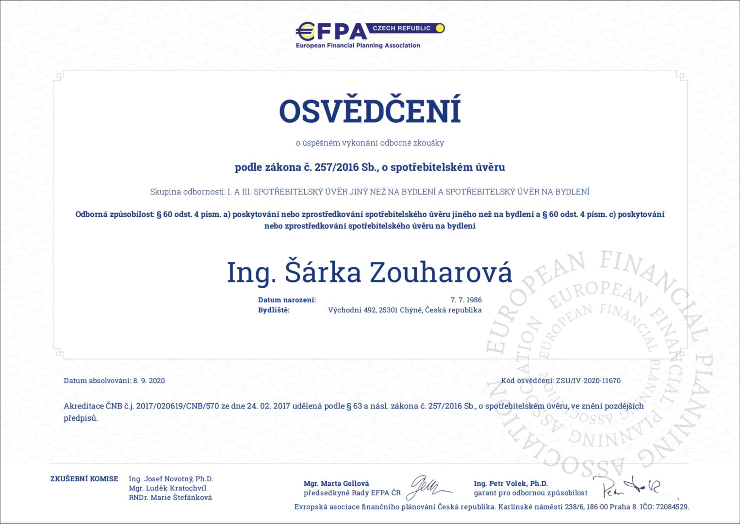 certifikát - úspěšné vykonání zkoušky odborné způsobilosti